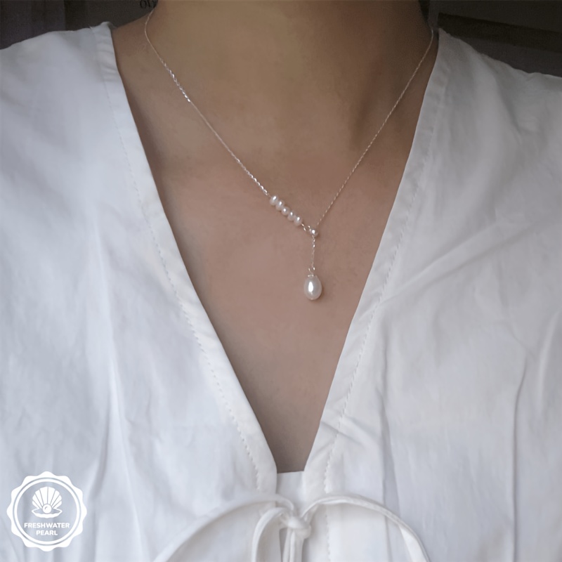 Luxury Slant Rice Teardrop Y Necklace, Adjustable Pull Chain